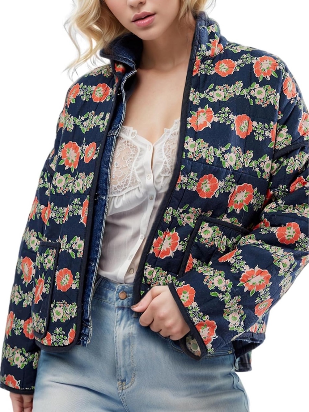 Floral Quilted Navy Jacket with Orange Bloom
